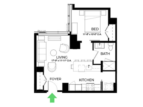 Floor plan for 1 bed, 1 bath, 623 sqft